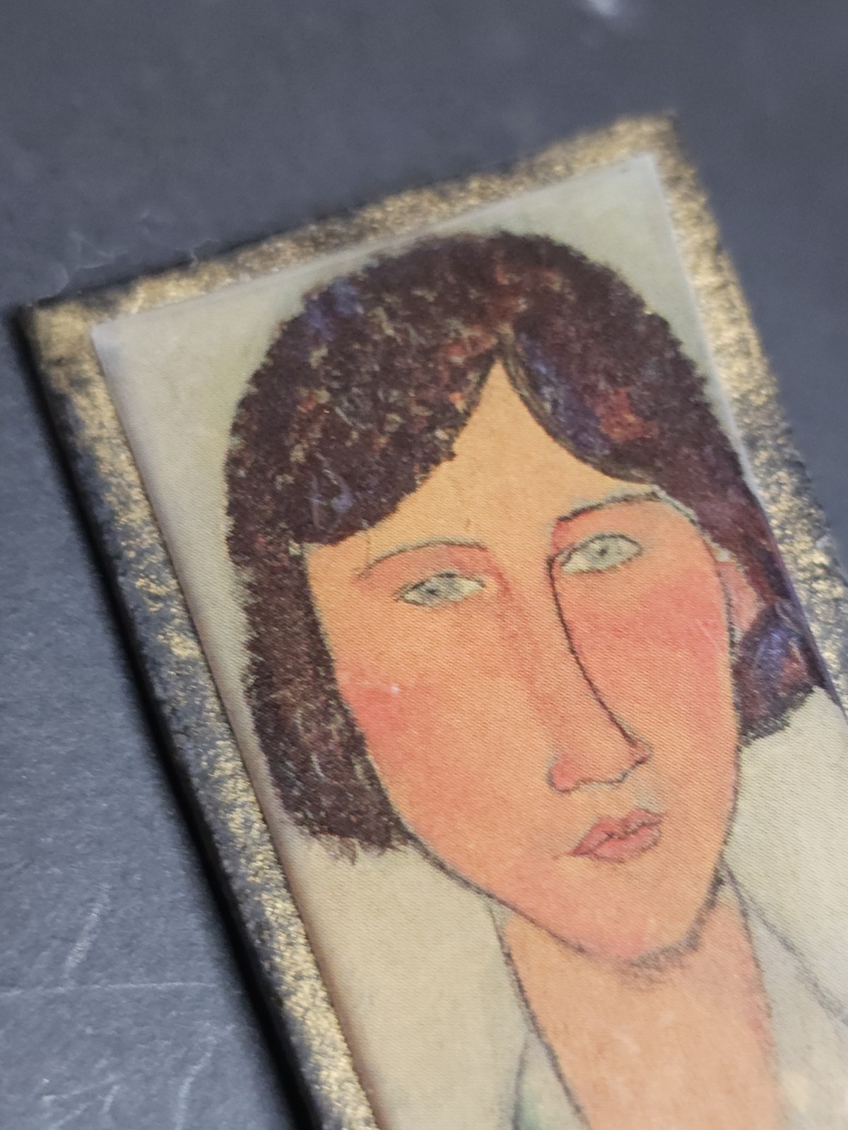 Vintage Woman Portrait Folk Art Brooch Pin Signed CR Wood Backing Rectangle