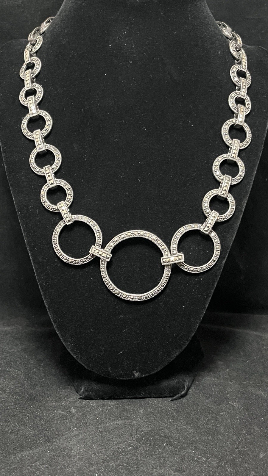 Gorgeous Deco 925 Sterling & Marcasite Circles Bar Link Necklace 19″. 76Grams