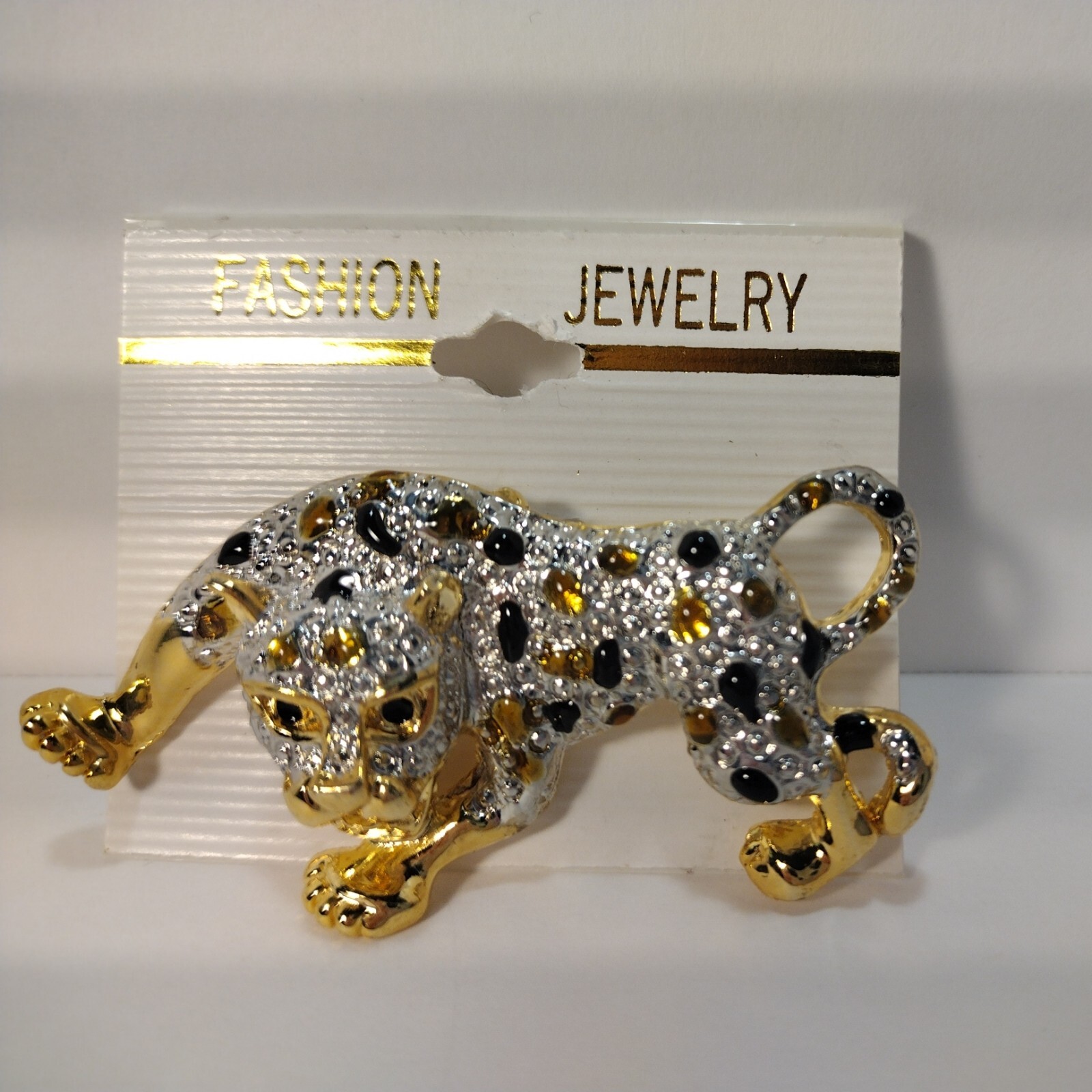Vintage Black Yellow Gold Tone Cat Leopard Silver Tone Sparkle