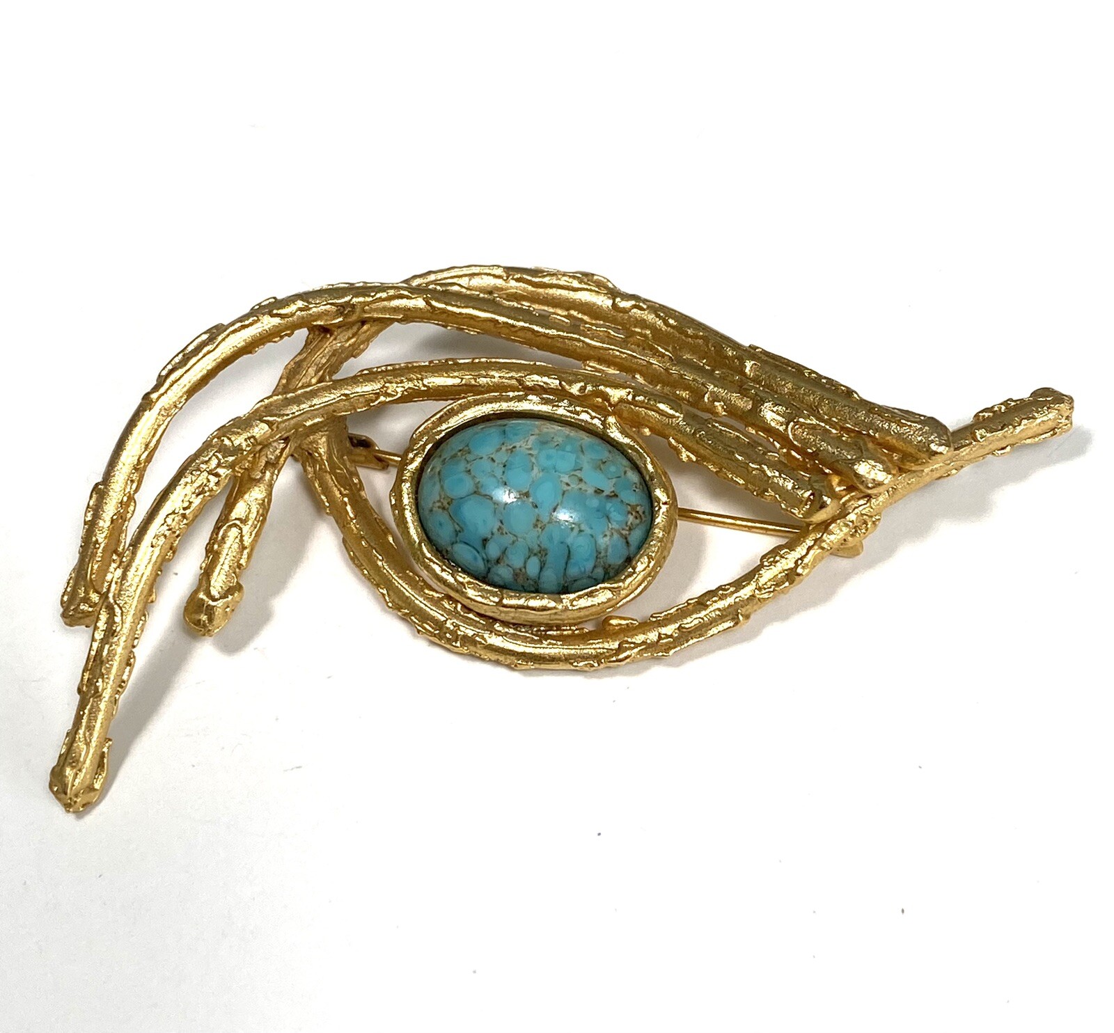 Orena Paris Brooch Glass Blue Abstract Gold Tone Vintage Estate