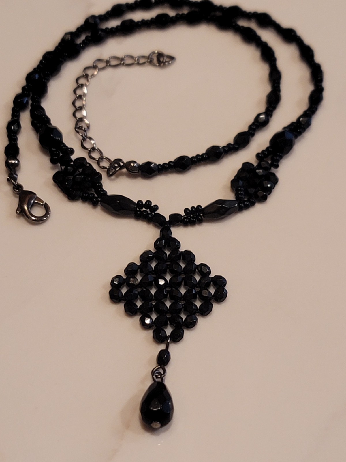 Vintage Black Faceted Bead Necklace Teardrop Pendant Gothic Formal 18″