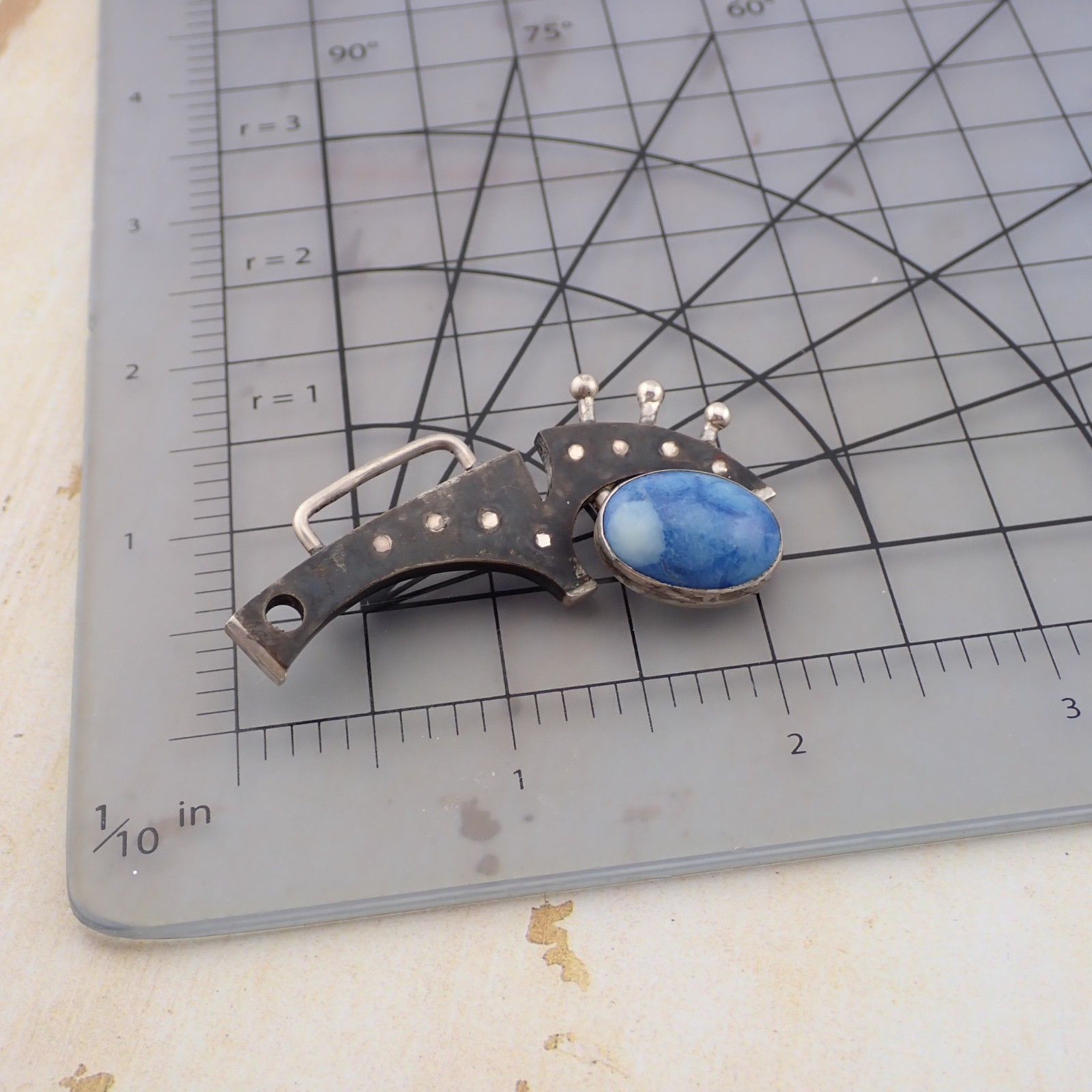 VTG MR Brutalist Industrial Gear Blue Lapis Silver Mixed Metal Abstract Brooch