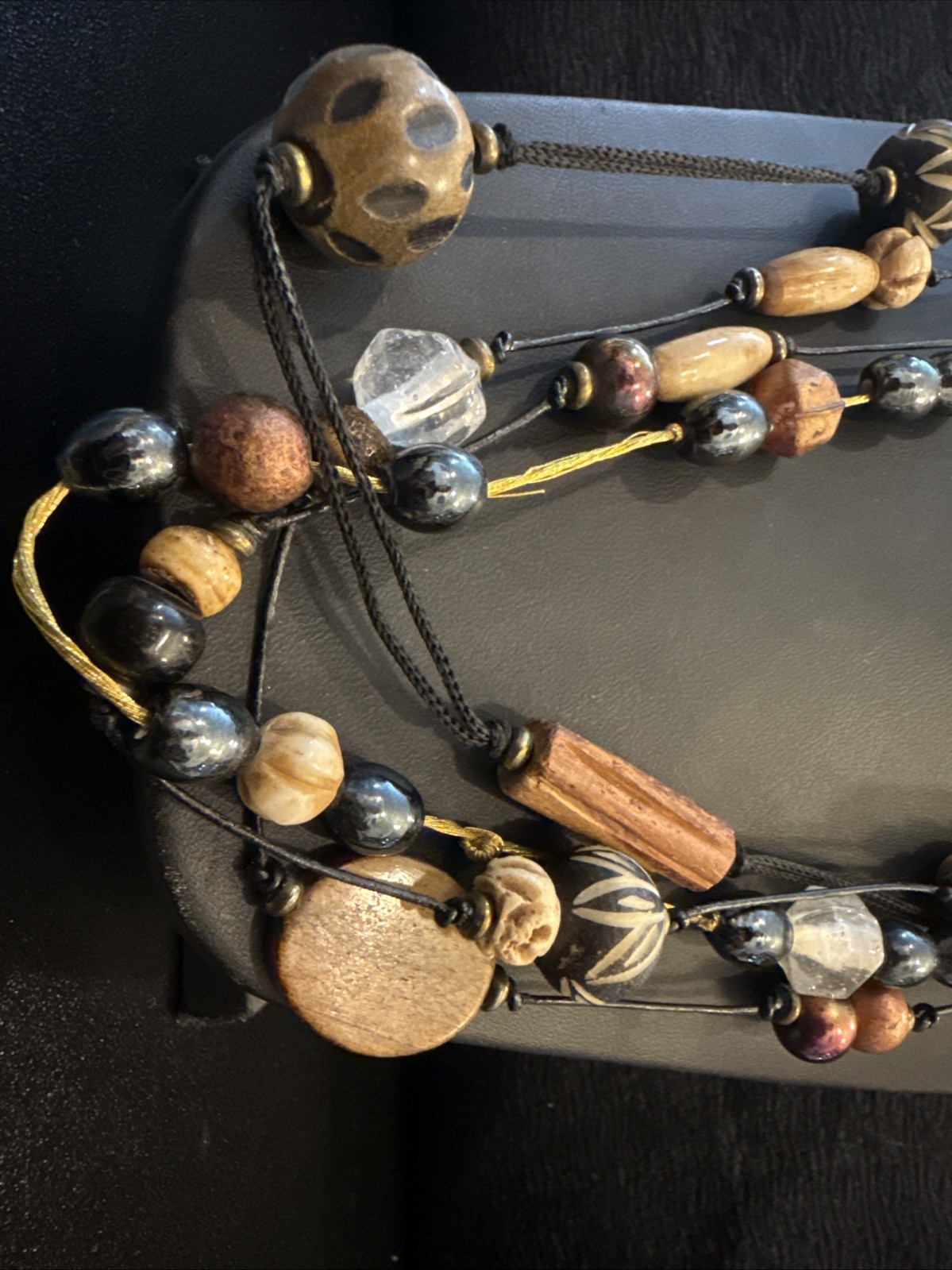 Vintage Multi Strand Carved Wood/ceramic Bead Boho Ornate Necklace Avant Garde