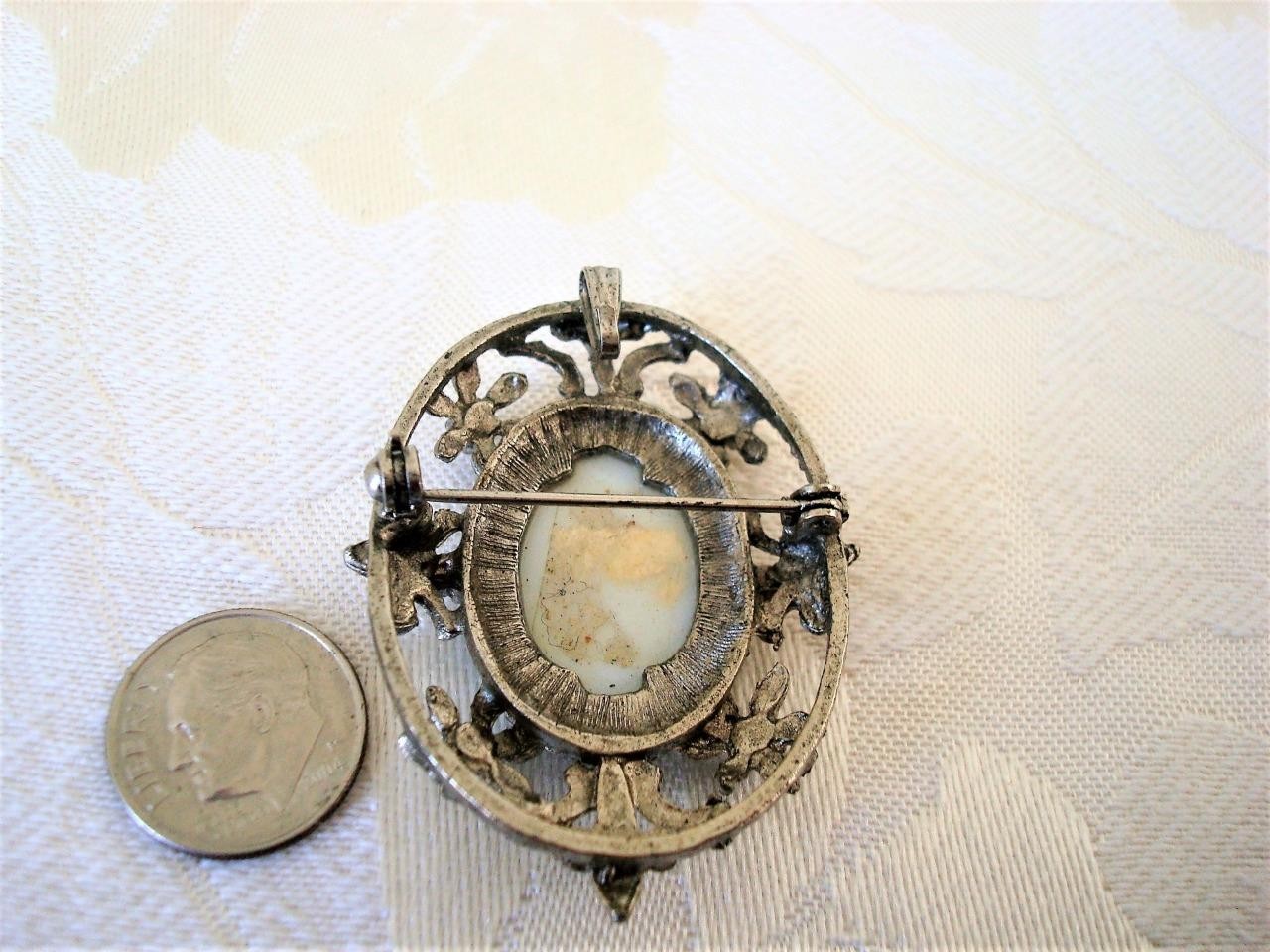 Vintage Silver Tone and White Glass Pin Brooch Pendant With Blue Boy Transfer KJ