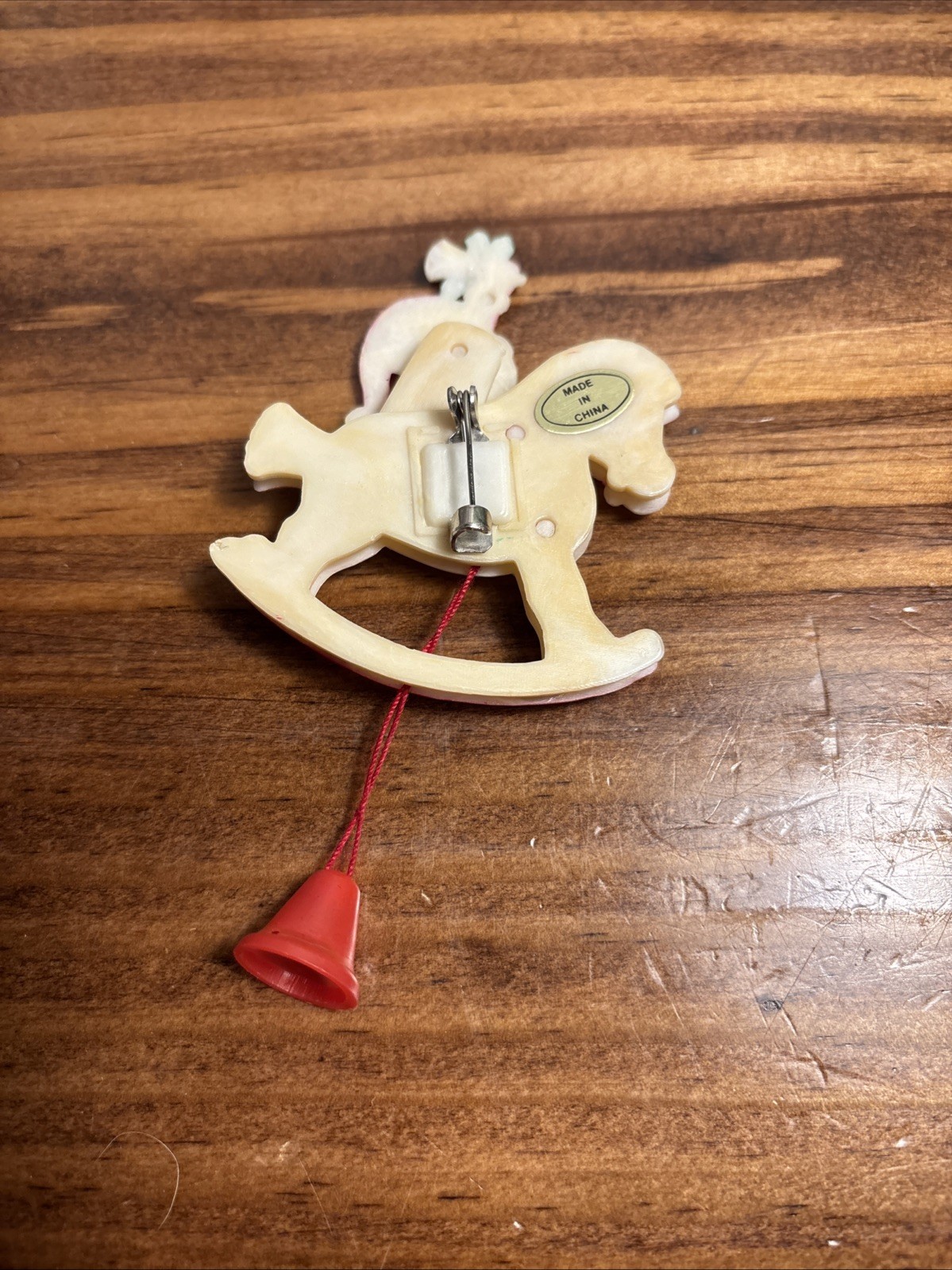Vtg Christmas Pin Manual Pull String Plastic Santa Riding Rocking Horse MOVES
