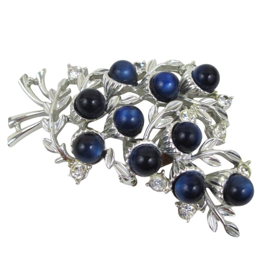 Vintage Floral Berries Bouquet Blue Moonglow Brooch Silver Cabochon Rhinestone