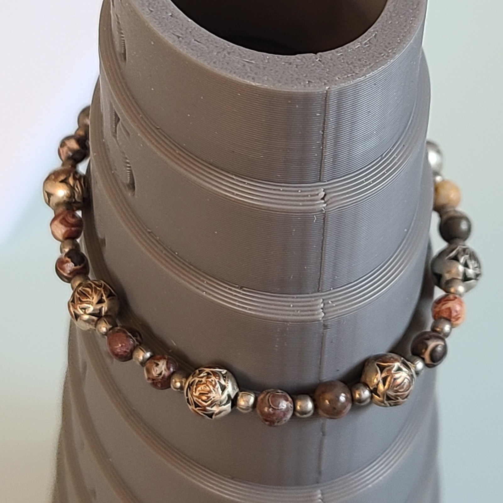Vintage Silver Tone Rose & Agate Beaded Bracelet SMALL 6 INCH