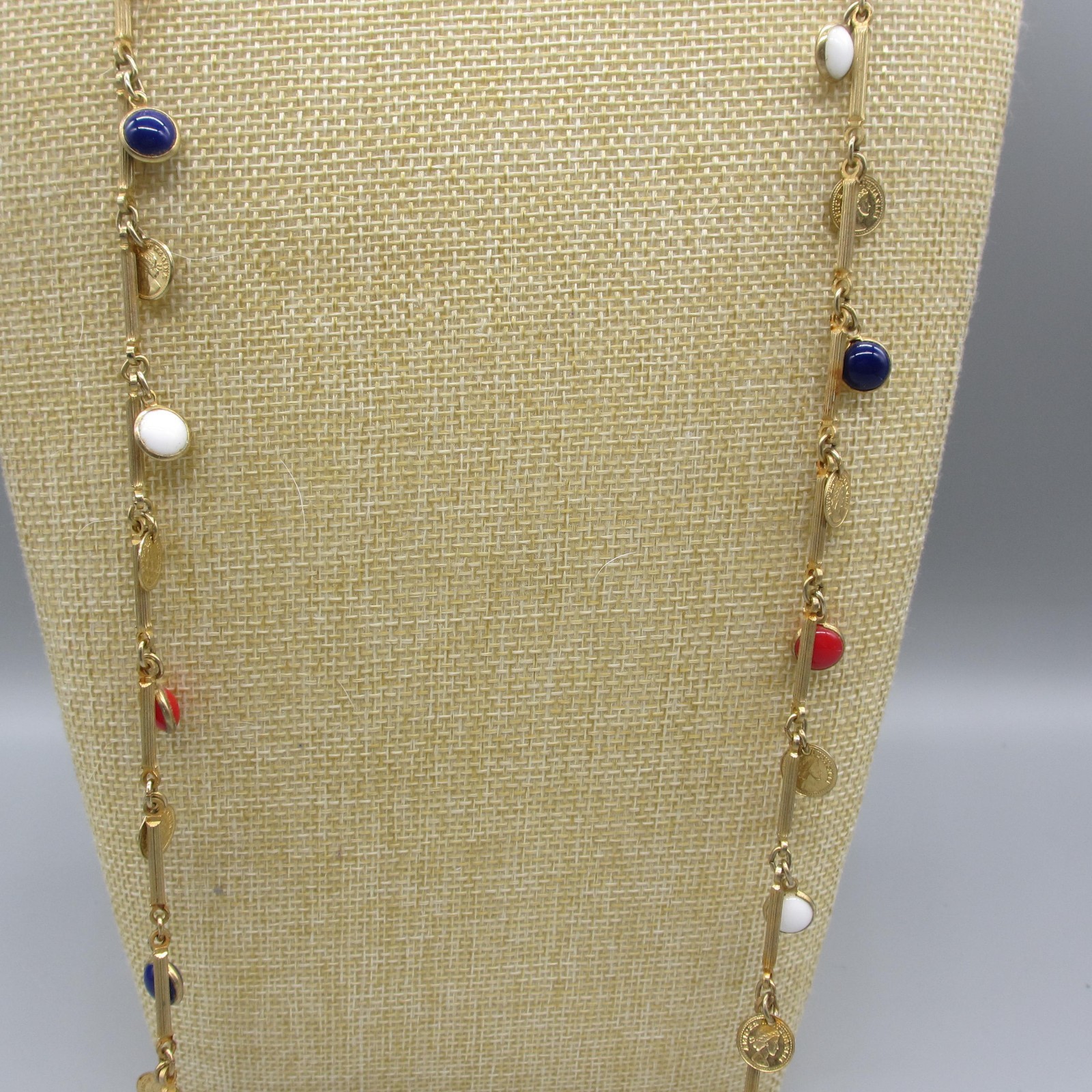 Vintage Open Bezel Necklace Faux Coin Station Gold Tone Red White Blue Rope 46″