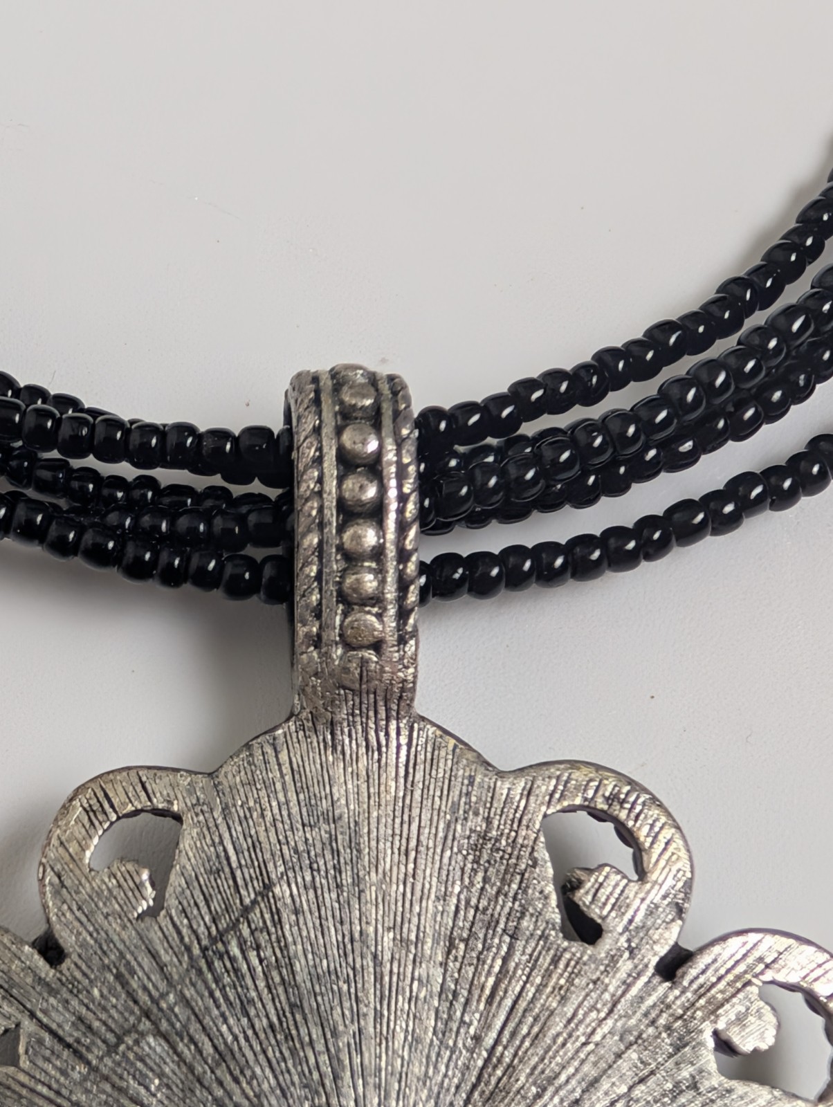 Vintage Black Beaded Necklace with Large Silver Tone Pendant – Gothic Boho Style