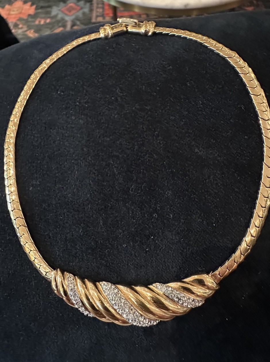 Vintage Swarovski Diamanté Ribbed Ribbon Gold Plated Runway Collar/Mob Wife/Glam