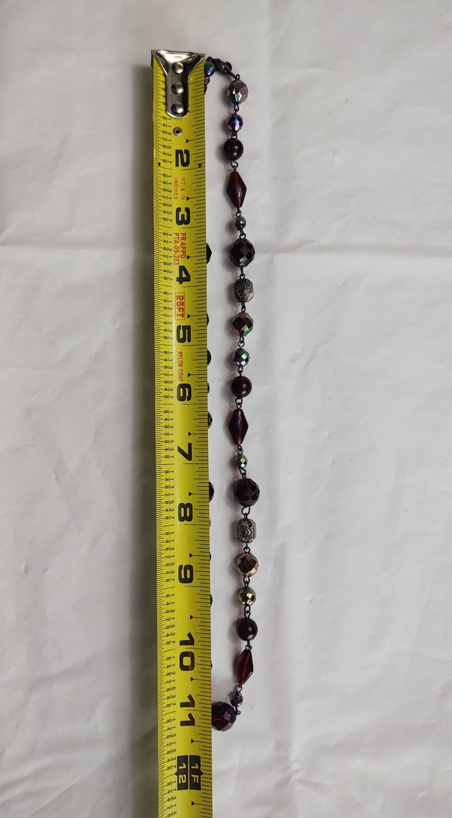 Vtg Beaded Necklace Silver Tone Clasp Red Iridescent Ornate Silver Tone Beads
