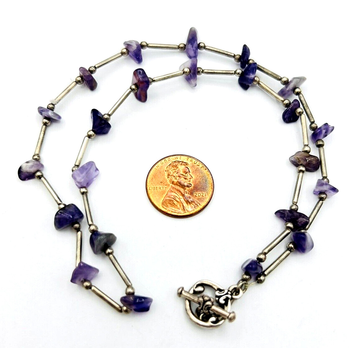 Vintage Purple Amethyst Chip Silver Tone Tube Bead Necklace 17 in