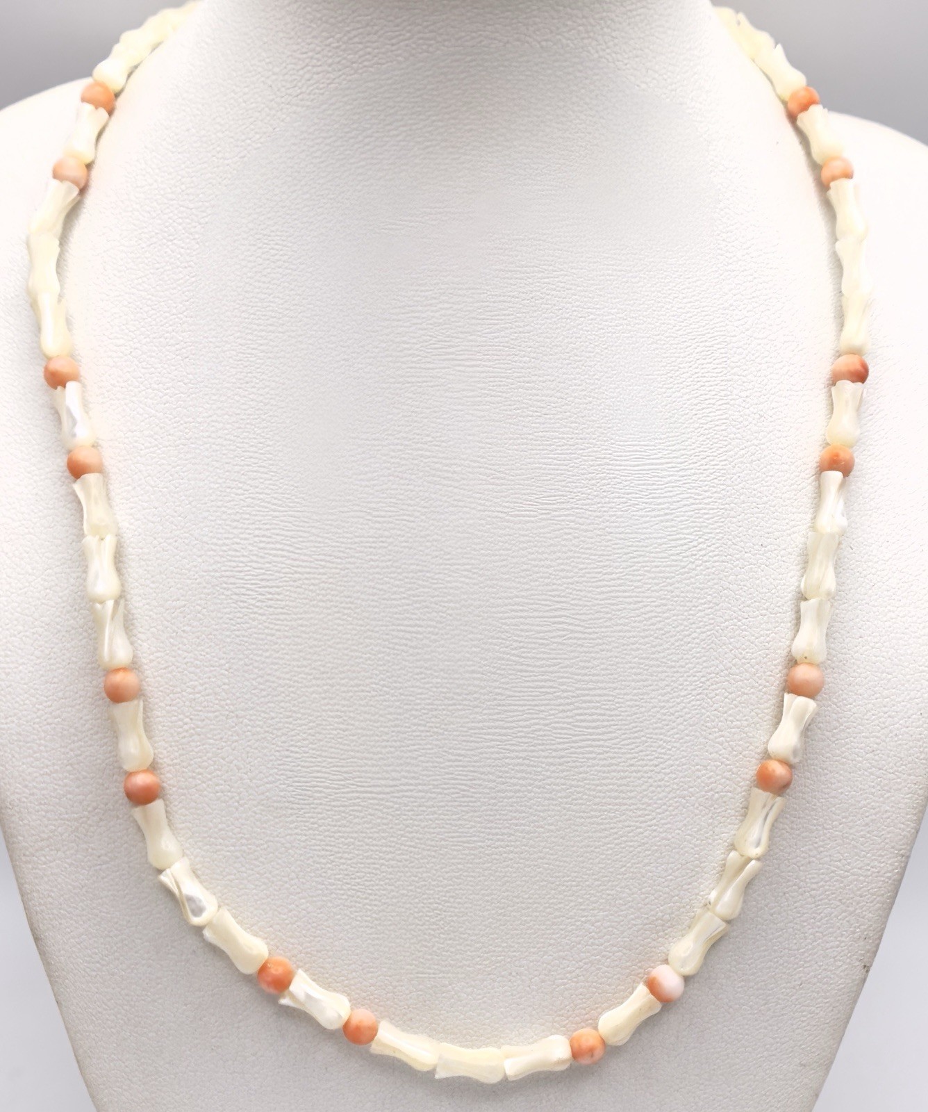 Vintage Angel Skin Coral Mother of Pearl Carved Tulips Necklace 16.5 in