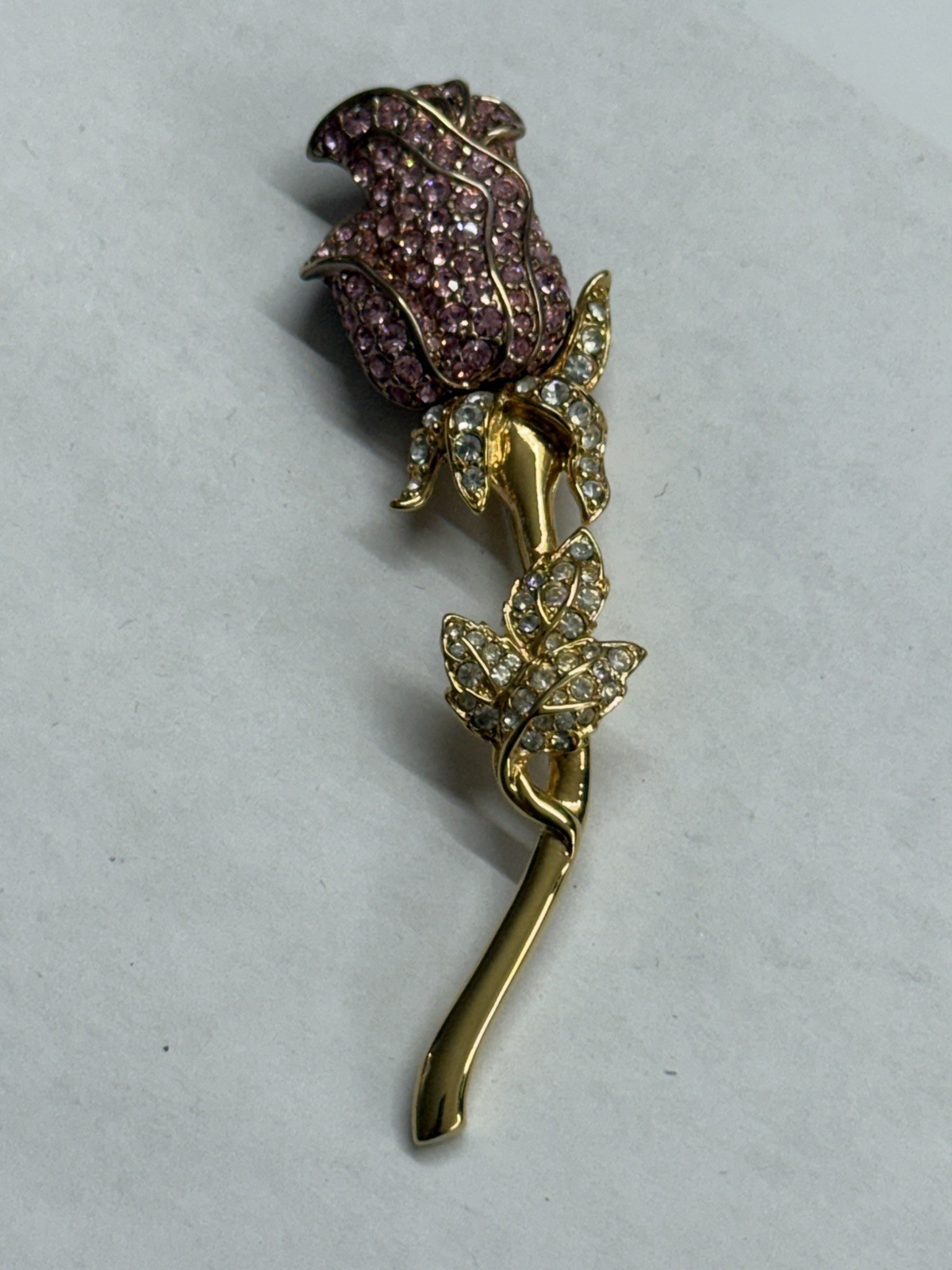 Vintage Nolan Miller Pink And Clear Crystal Rose Backpin Brooch 1990 Fashion.