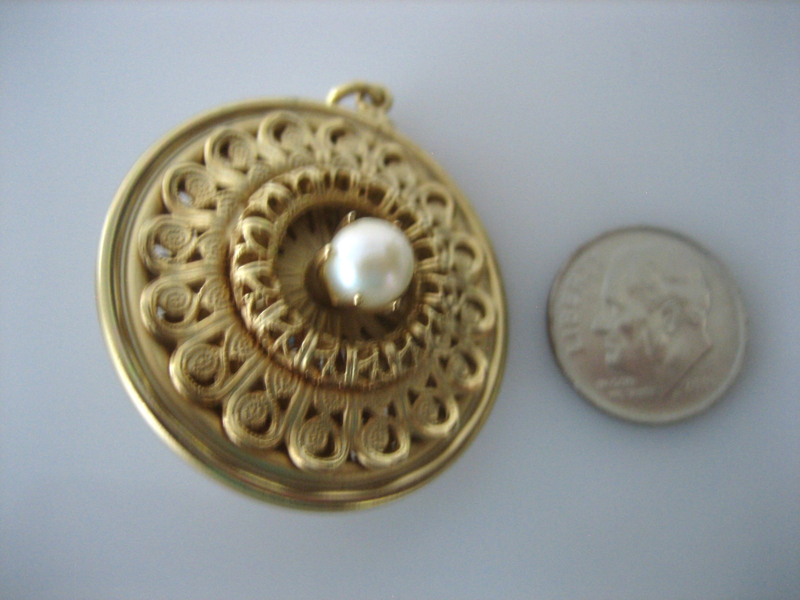 VINTAGE GOLD TONE FILIGREE FAUX PEARL TURQUOISE CHARM