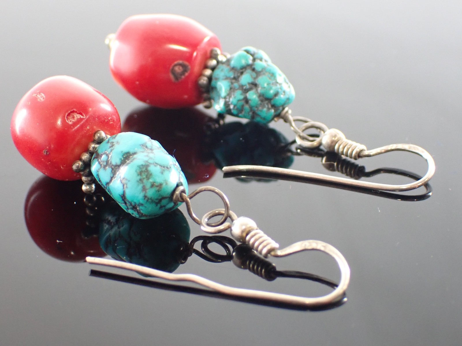 Vintage Sterling Drop Earrings Red Bead & Turquoise Matrix Stones Artisan