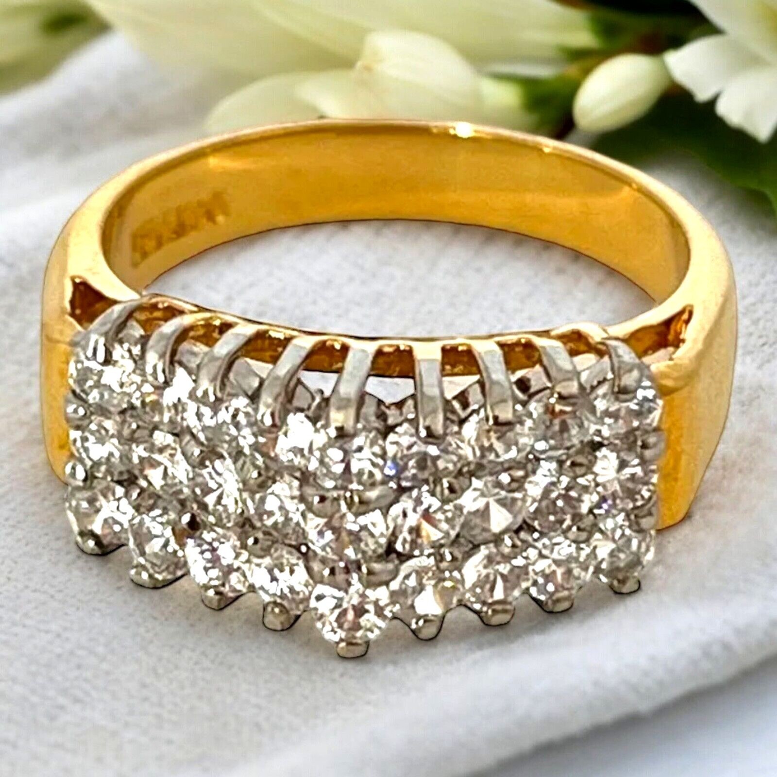Vintage 1980s Ring Size 6 CZ Cluster Three Row Prong Set Gold Plated – 14M