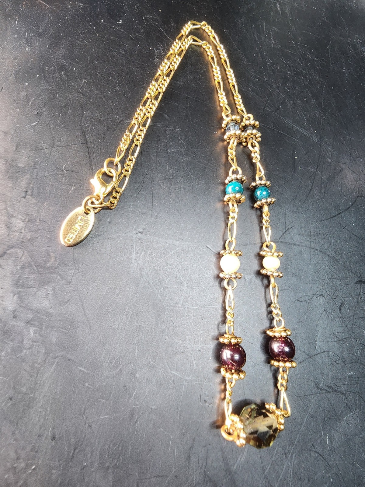 Y2K Jewel Tone Choker Necklace Gold Plate Figaro Chain Amethyst & Glass 15″