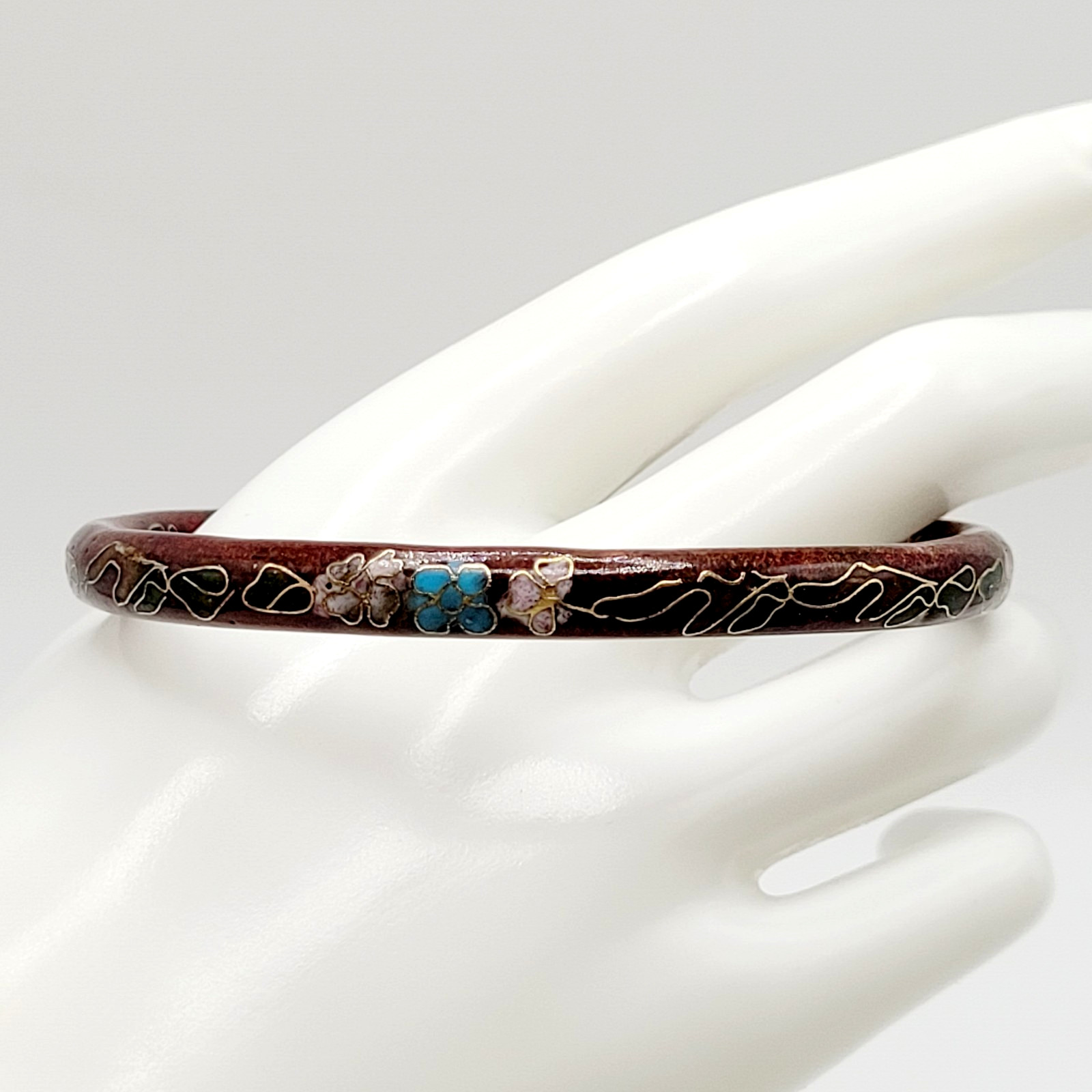 Cloisonné Deep Red Enamel Floral Hand Painted Asian Inspired Bangle Bracelet