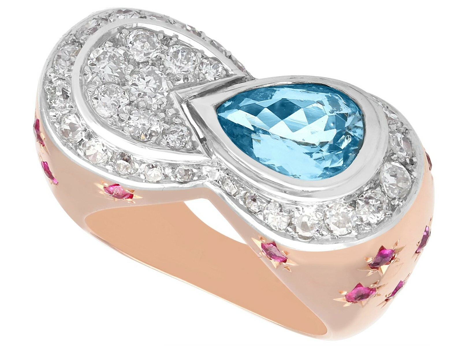 1.36 Ct Aquamarine 0.78 Ct Diamond and 0.50 Ct Ruby 18k Rose Gold Dress Ring