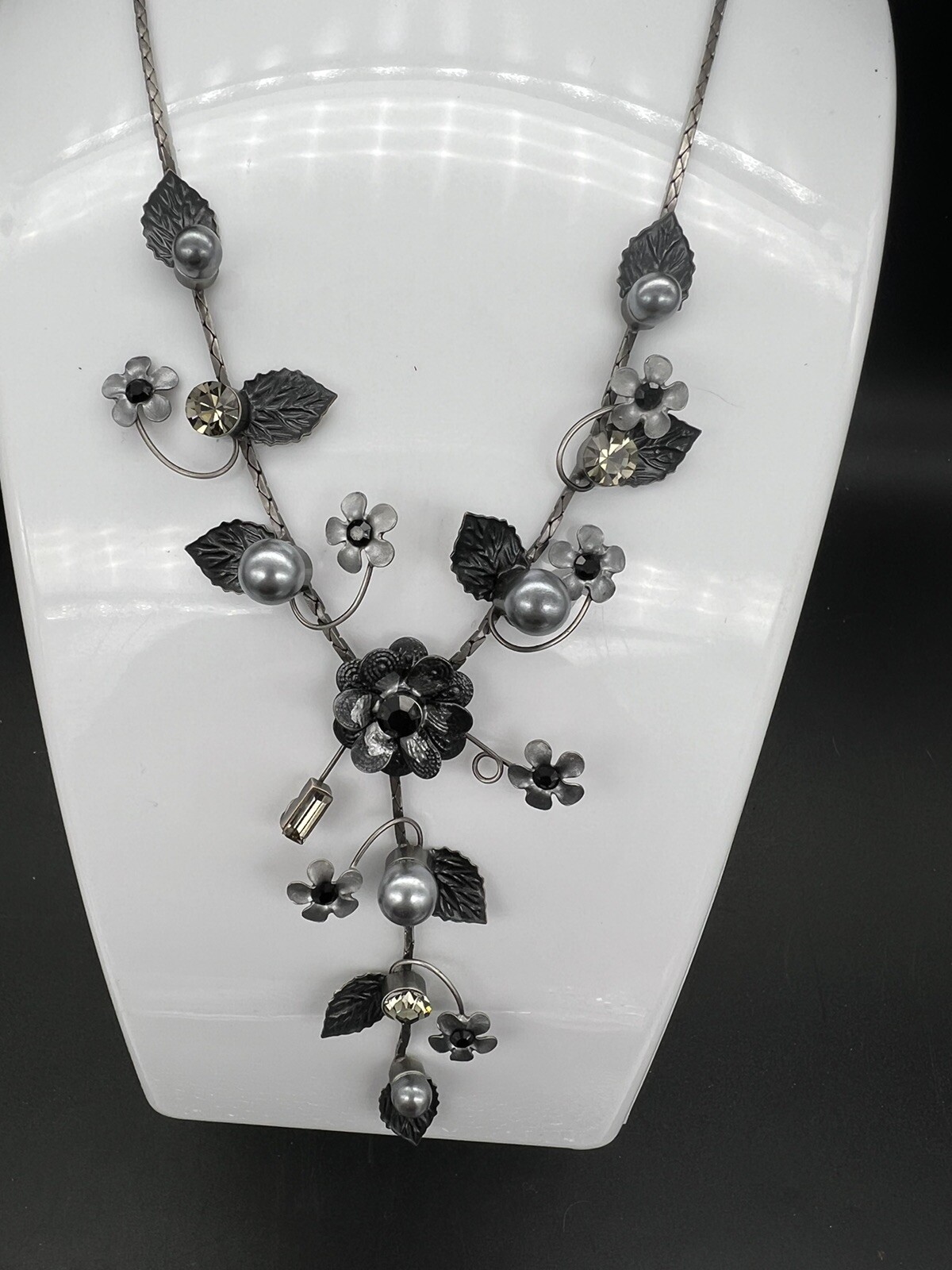 Vintage Sterling Silver, Faux Gray Pearl And Crystal Necklace, Black Flowers