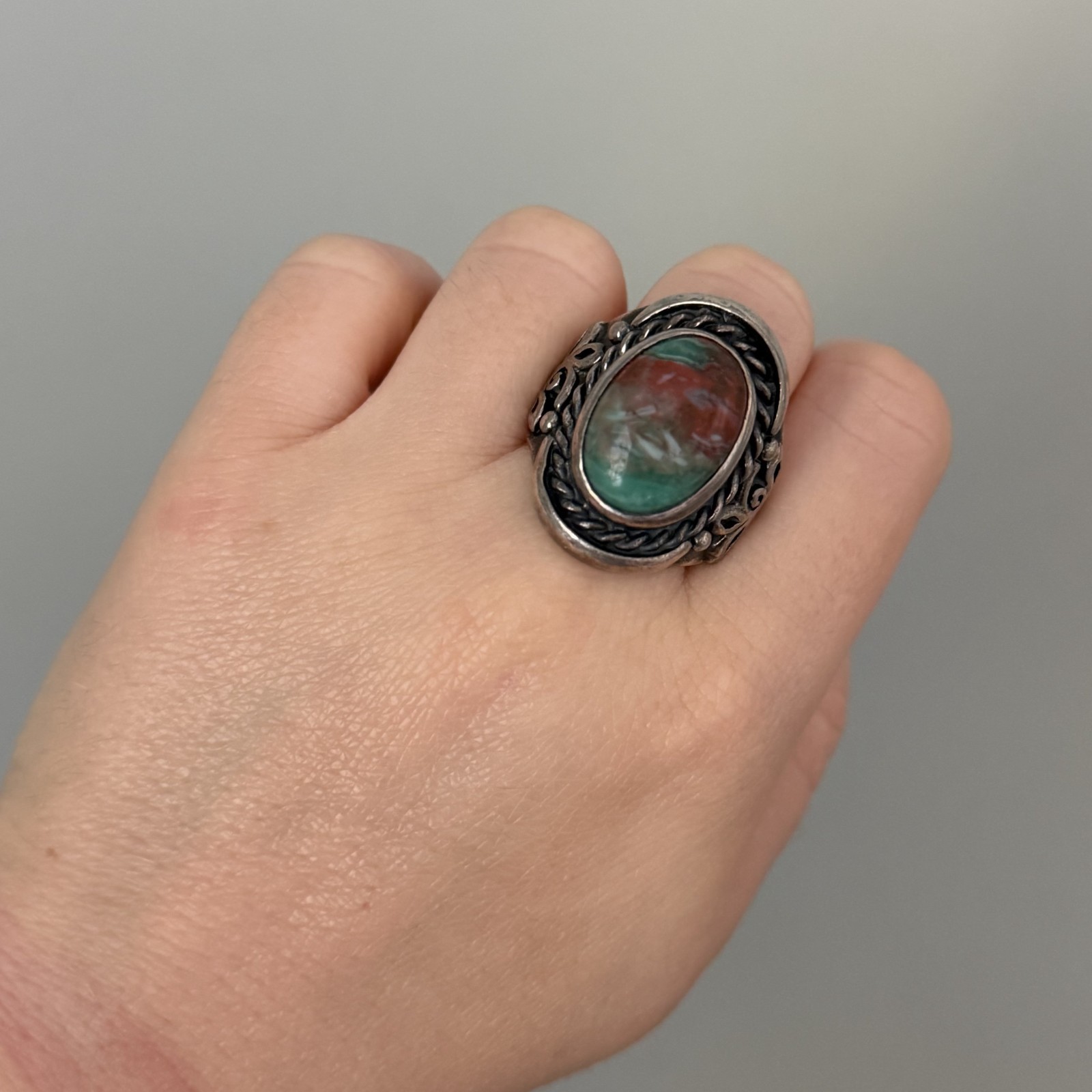 Vintage 925 Sterling Silver Big Bloodstone Southwest Chunky Heavy Ring Sz 10.25