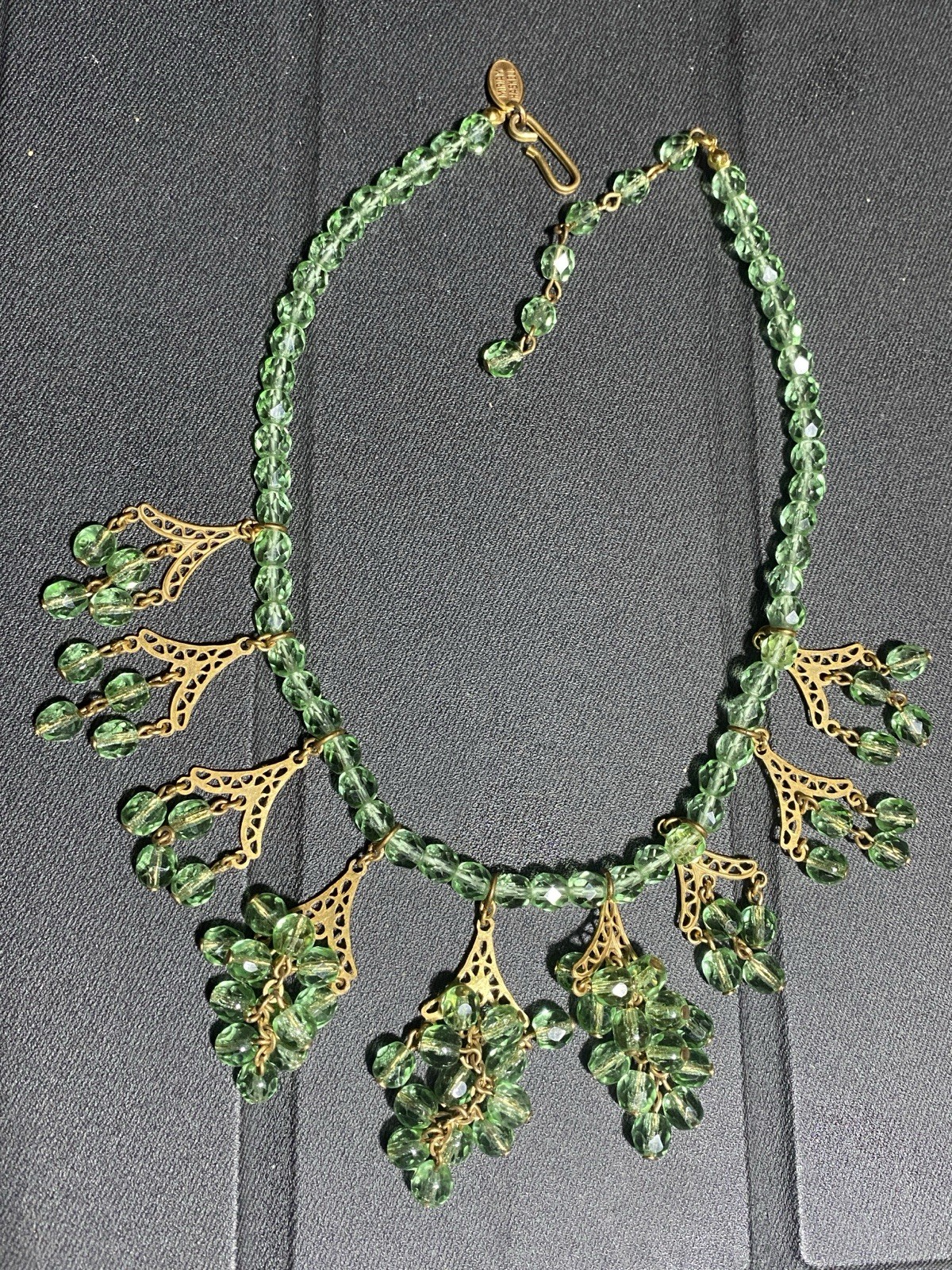 Vintage MIRIAM HASKELL Green Faceted Bead Fringe Adjustable Necklace