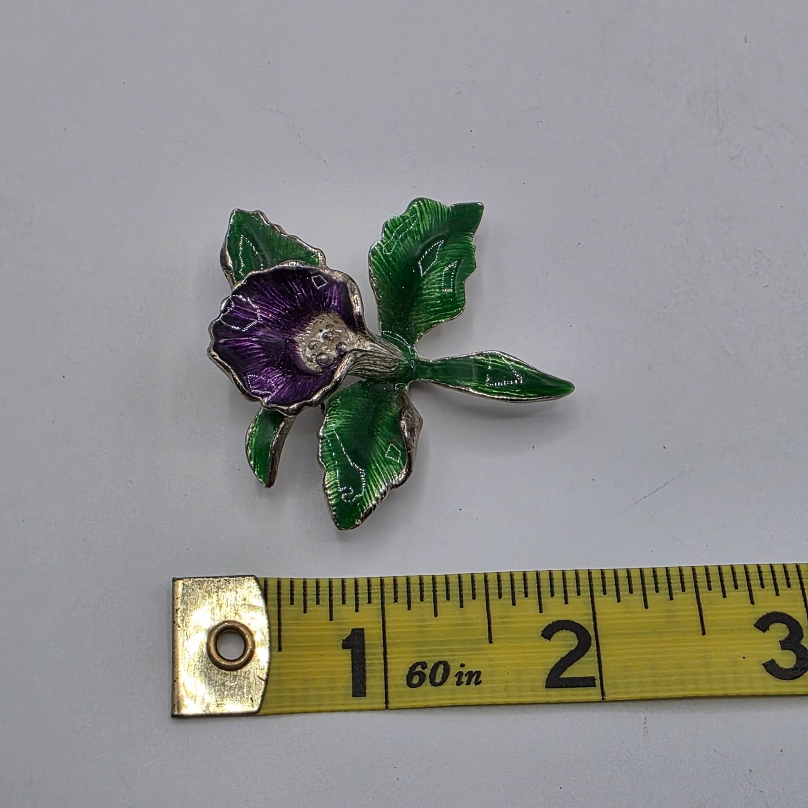 Vintage Enamel Orchid Brooch Silver Tone Floral Pin Purple Green Rhinestone