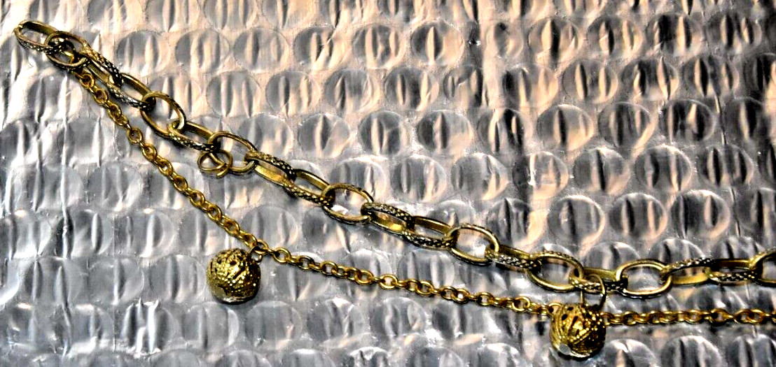 Antique Gold Colored Metal Bracelet w/Oval Links & Thin Loose Chain w/ 3 Balls