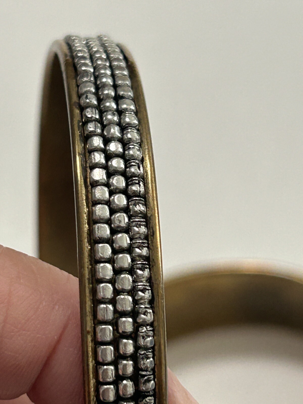 Vintage Silver Tone Metal Beaded Brass Bangle Set Of Two