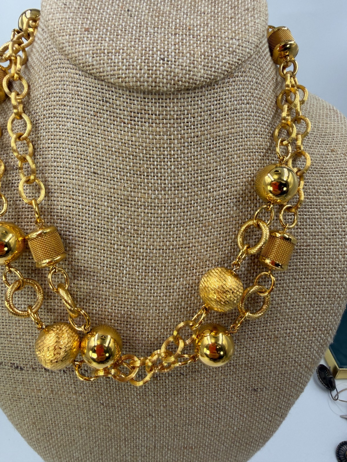 Vintage Necklace Monet Barrel Bead Goldtone Link Statement Chunky 36 in