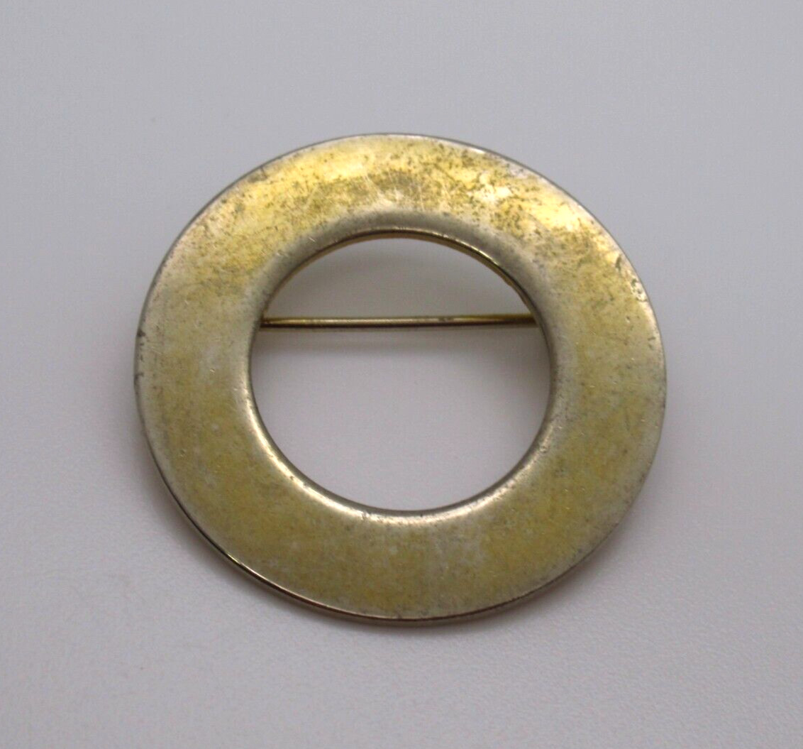 Gold Tone Circle Brooch Pin Open Round Minimalist Patina Geometric Jewelry