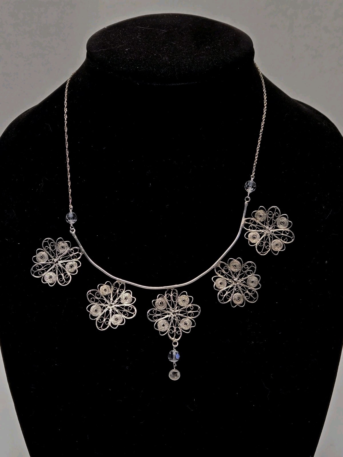 Vintage Sterling Silver Cannetille Filigree Flower Pendant Necklace 18″ 15.5 Gr