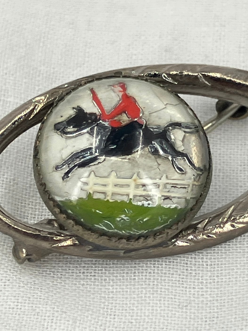 Vintage Reverse Carved Crystal Brooch Equestrian Horse Lucky Pin