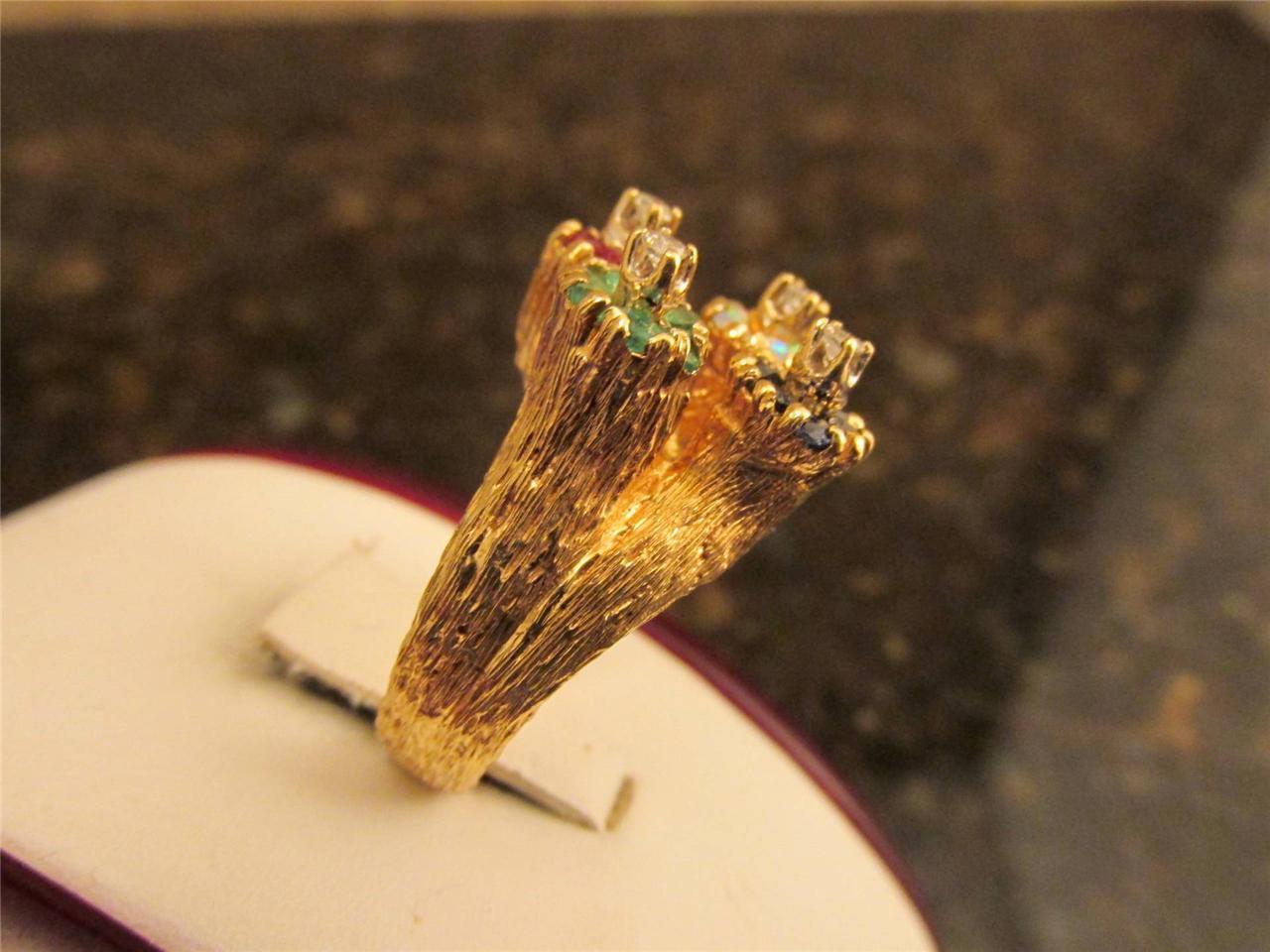 Vintage 14k Solid Gold Colorful Diamond Opal Emerald Sapphire Ruby Ring