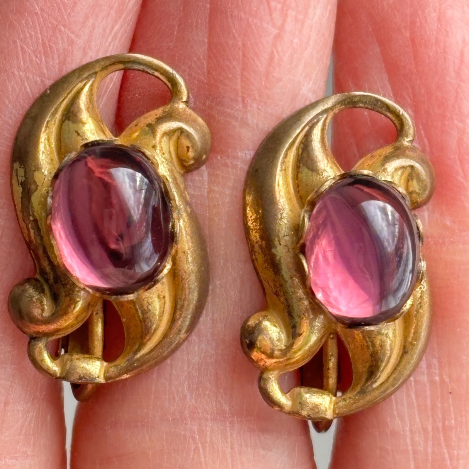 Vintage Miriam Haskell Earrings Signed Purple Pink Gripoix Glass Cabochon