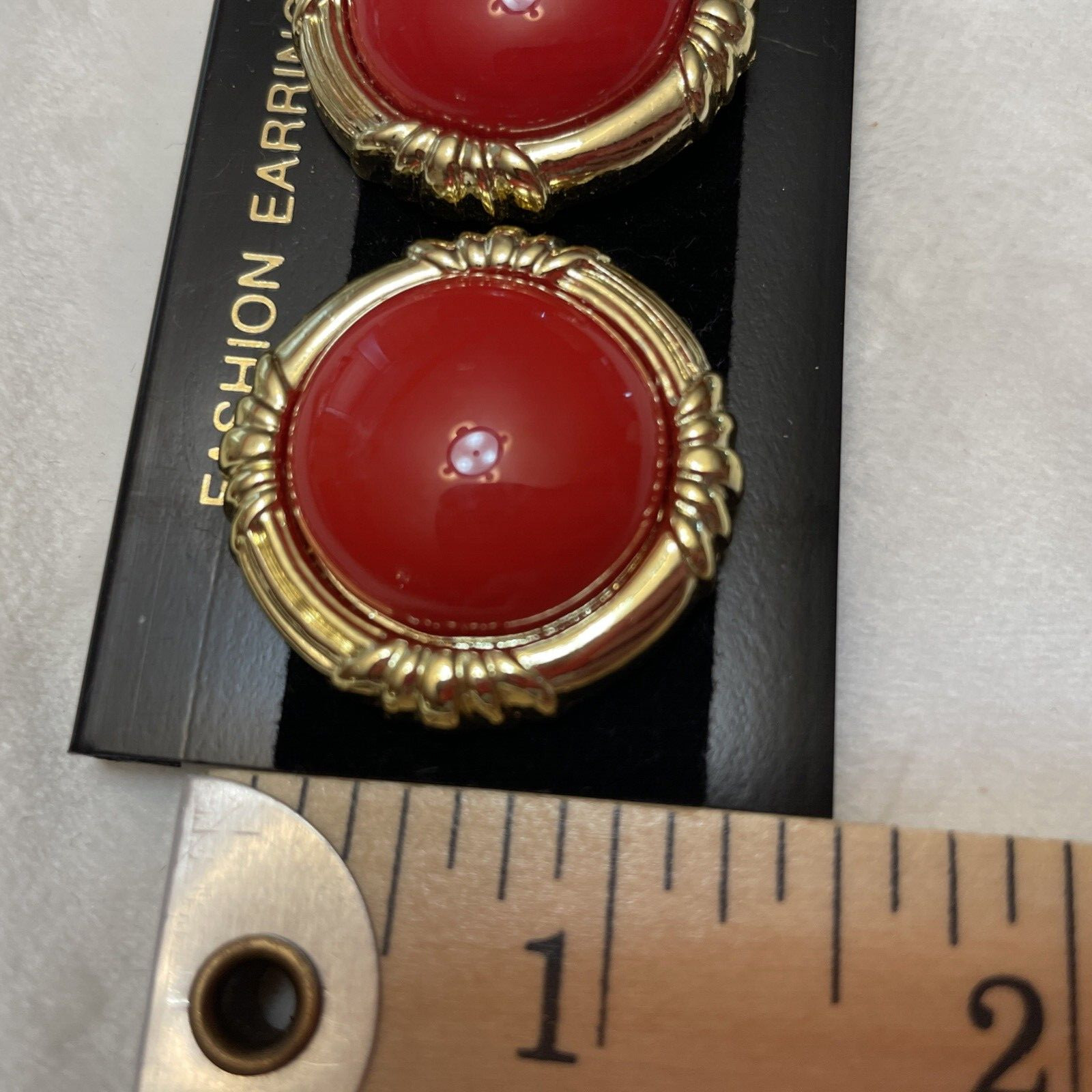 Vintage Earrings Clip On Red Button Gold Rope Accent Lucite Chunky 80s Round