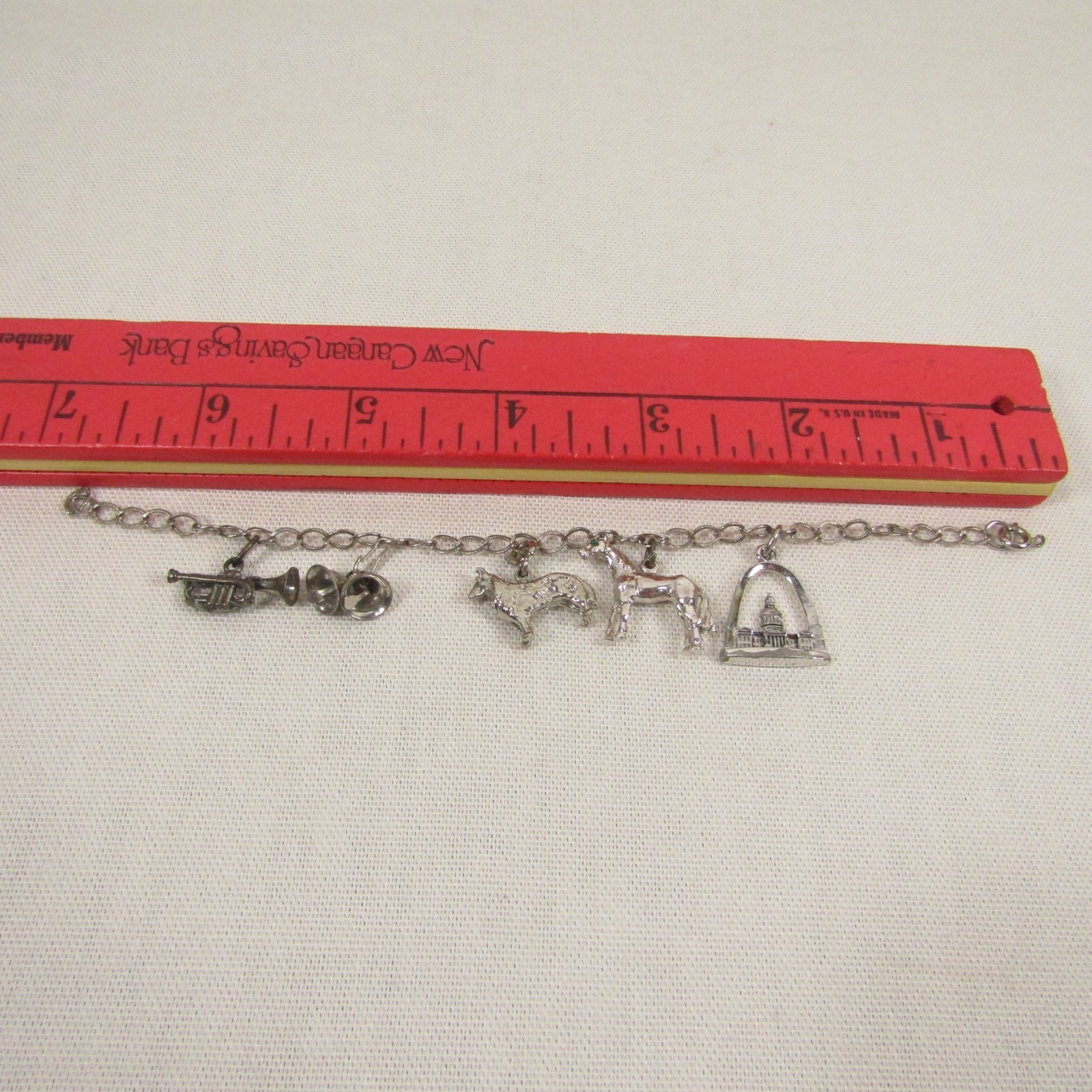 Vintage New Orleans Charm Bracelet Trumpet Horse Collie Arch Bells