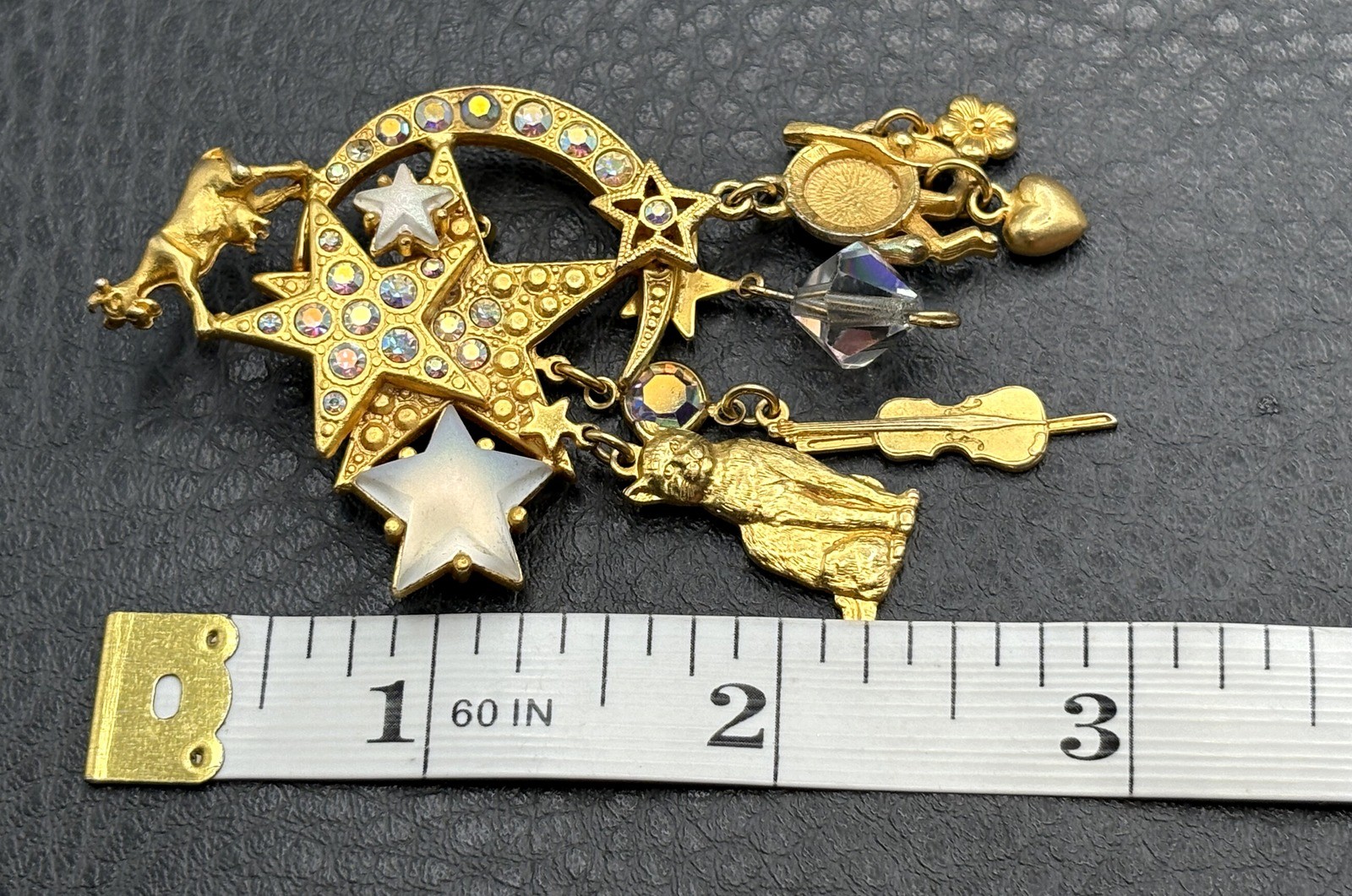 Kirks Folly Hey Diddle Diddle Gold Tone Crystal Brooch Pin Cat Cow Moon Star