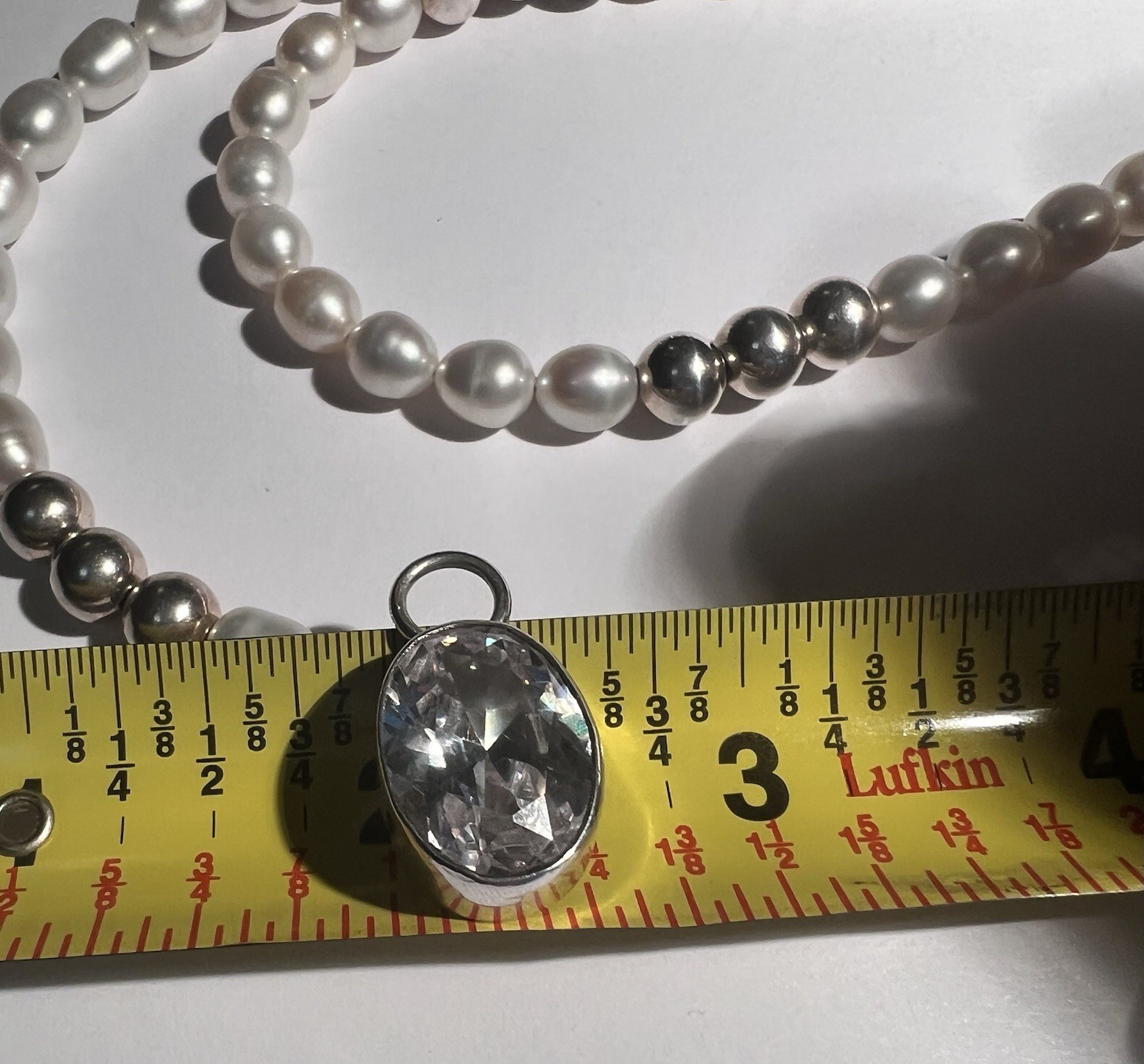Harlene Korey Kalibre Sterling Freshwater Pearl Necklace Crystal Pendant