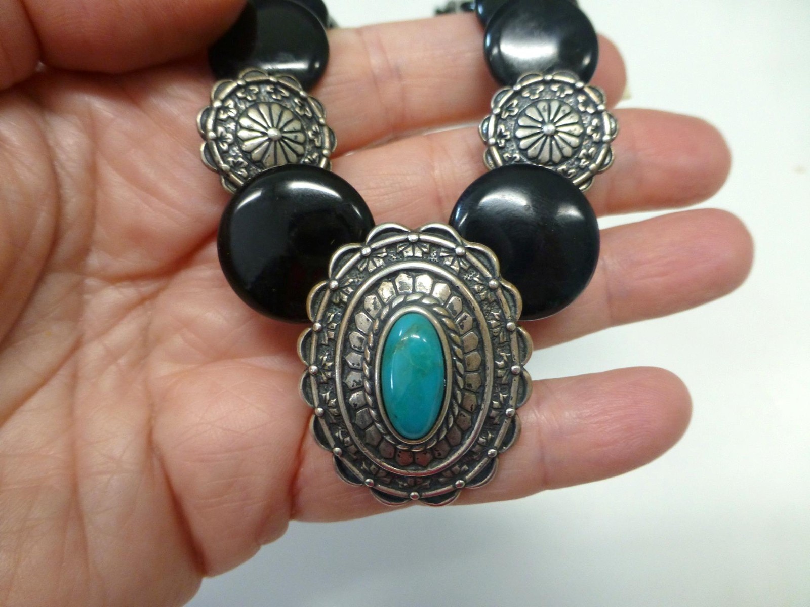 Carolyn Pollack Relios Turquoise Concho Onyx Sterling Silver Necklace Indian SW