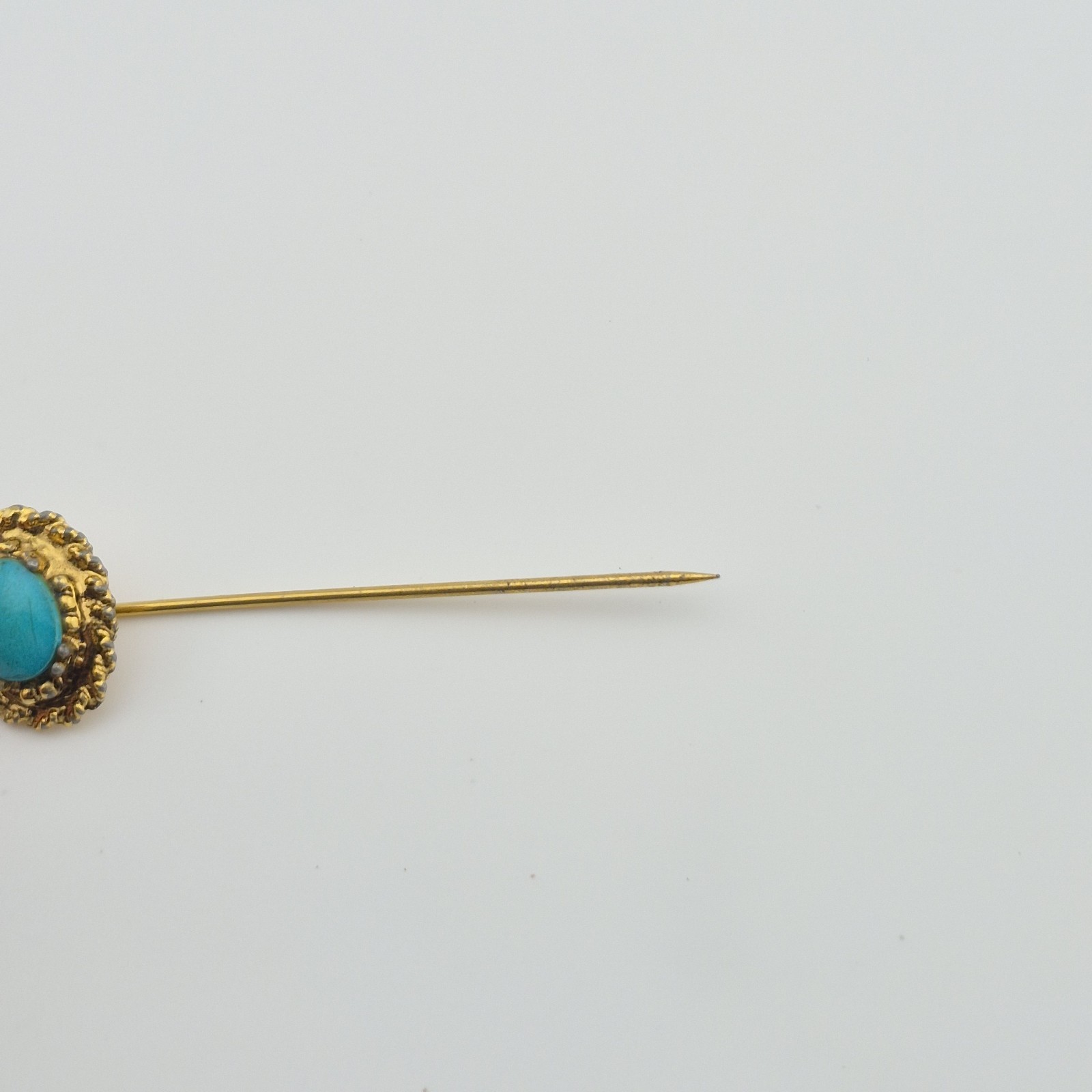 Vintage Ornate Gold Tone Turquoise Stick Pin Lapel Hat Pin with Safety Clutch