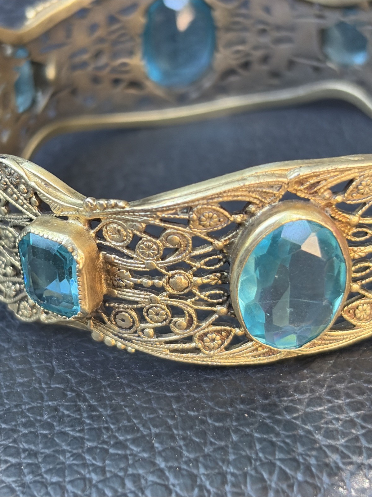 Vintage Brass Cuff Bracelet Blue Stones and Fine Filigree Design