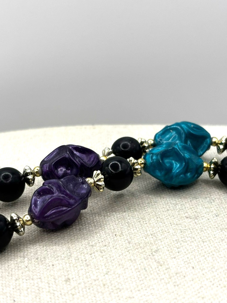Vintage Purple Teal Blue Black And Silver Tone Crinkled Bead Necklace 24 Inch