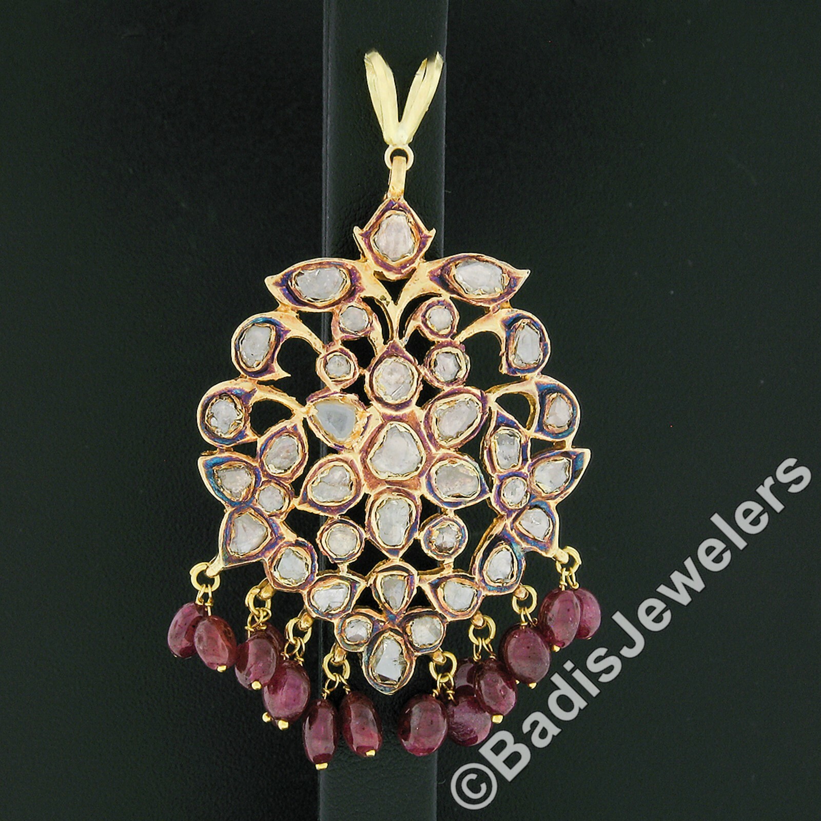 Vintage 18K Gold Rose Cut Diamond w/ Bead Ruby Drop Dangle Earring & Pendant Set