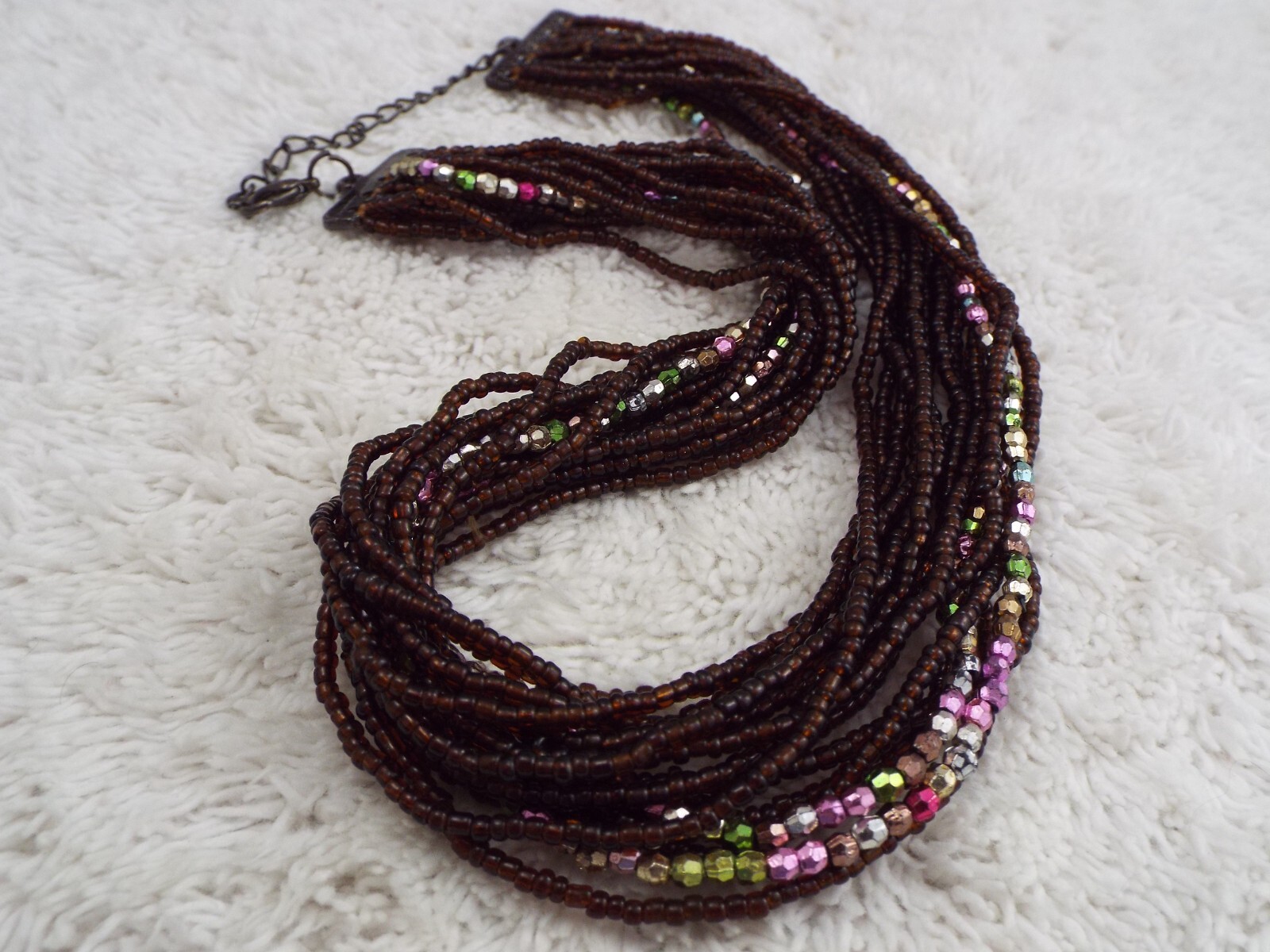 Pastel and Burgundy-Brown Glass Bead Multi Strand Necklace (A53)