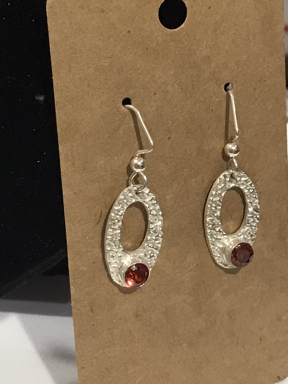 sterling silvet hammered red crystal dangle earrings Not Signed But Tested