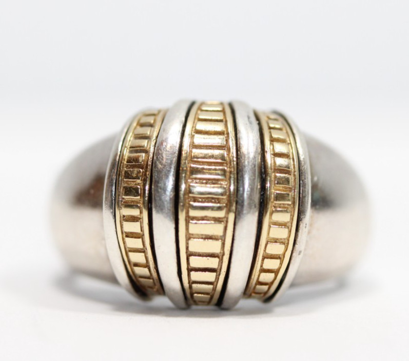 925 Sterling Silver 14K Gold Vintage Modernist Ribbed Dome Ring Size 7
