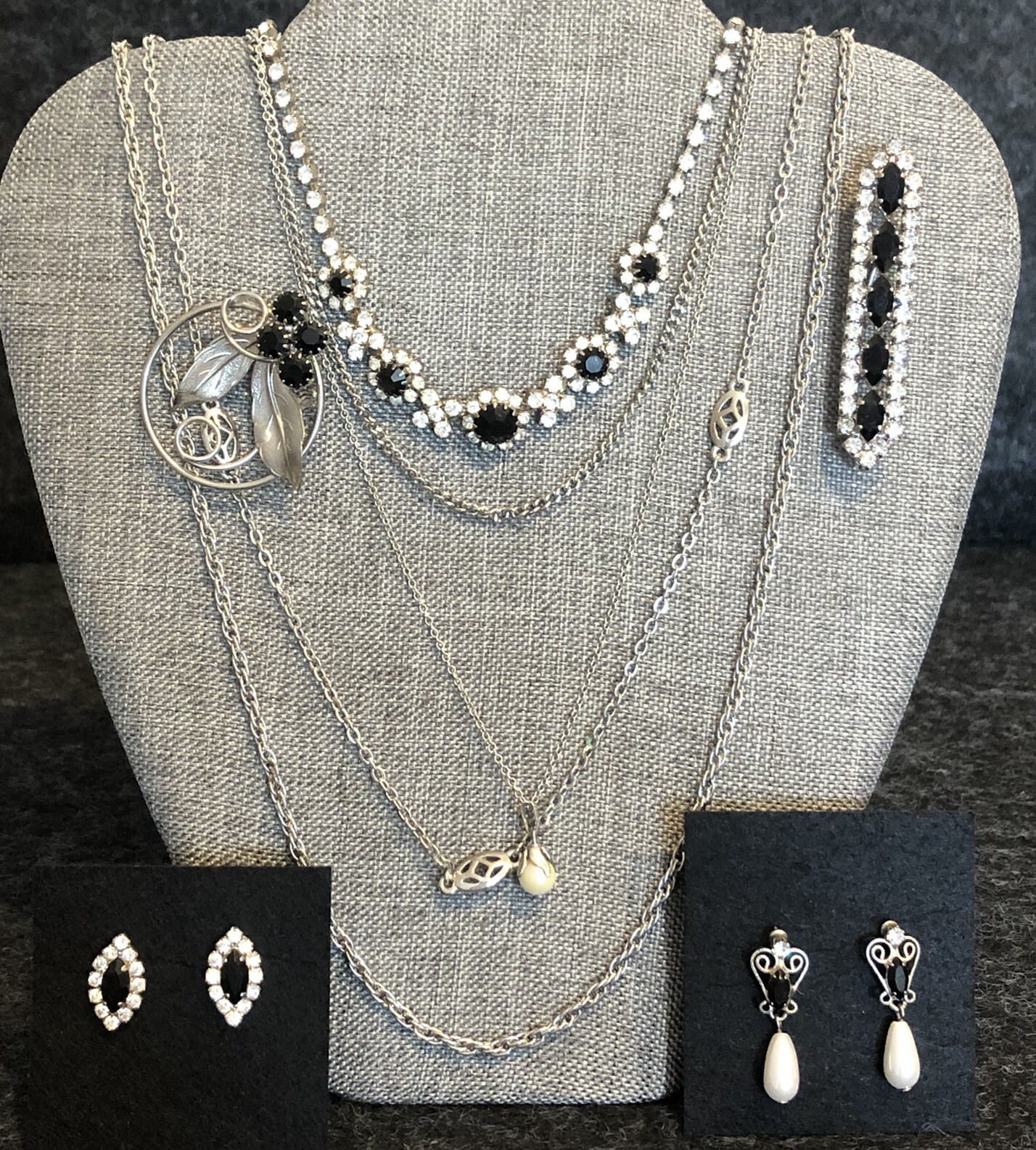 Vintage Art Deco Style Necklace Brooch Earrings Lot Of 7 Black Clear Rhinestone