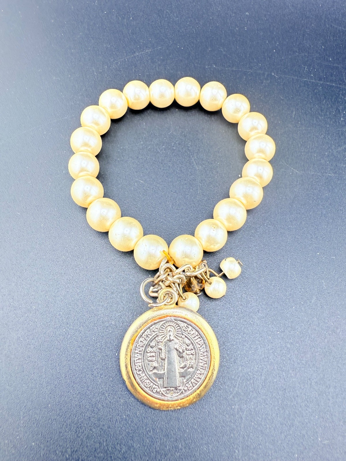 Vintage Saint Benedict Medal Bracelet Rosary Faux Pearl 7”